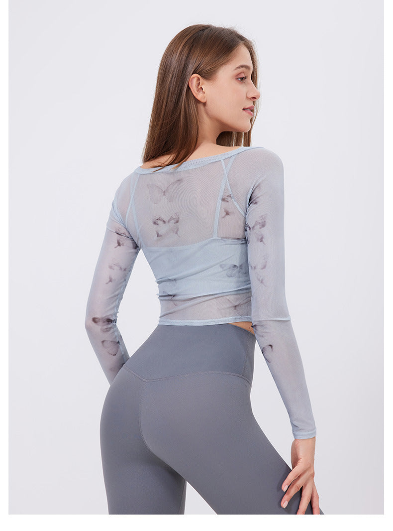 Floral Butterfly Faux Two Piece Sports t Shirt Women Long Sleeve with Chest Pad Yoga Clothes Mesh Top Quick Drying