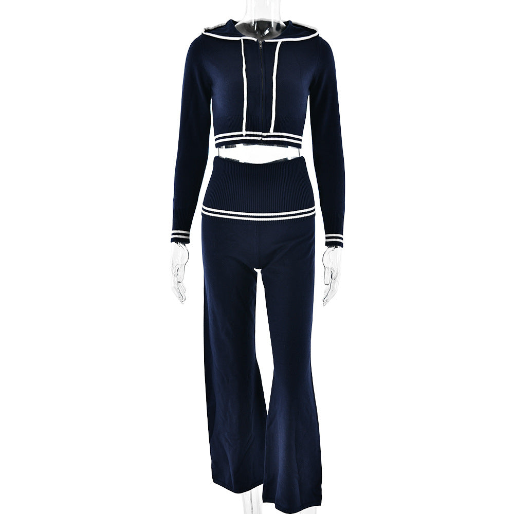 Navy knit two-piece set showcasing elegant fashion and stylish ملابس for winter wear