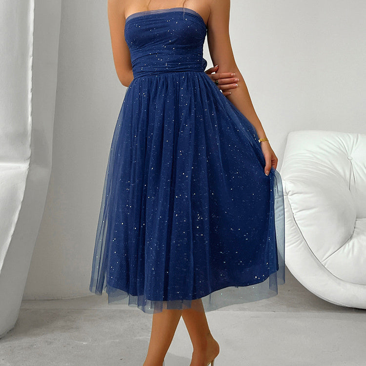 Strapless navy blue tulle midi dress with sparkly details for elegant fashion ملابس