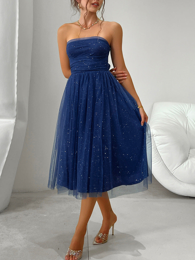 Strapless navy blue tulle midi dress with sparkly details for elegant fashion ملابس