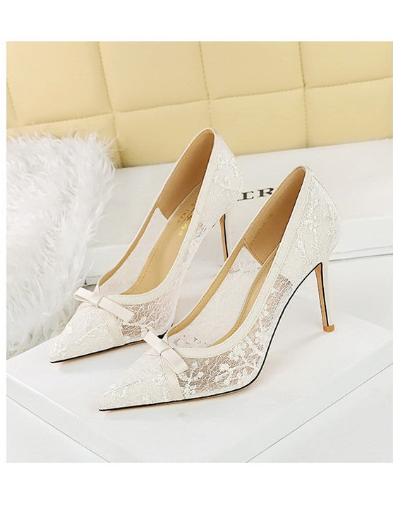 Cocktail High Heel Women Shoes Bow Sequined Lace Mesh Pointed Shallow Mouth Stiletto
