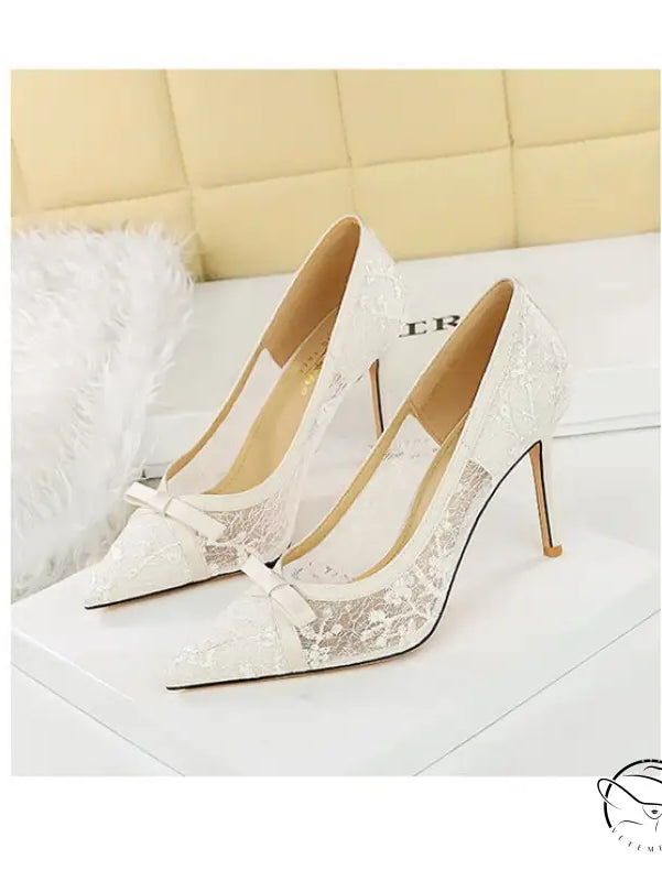 Cocktail High Heel Women Shoes Bow Sequined Lace Mesh Pointed Shallow Mouth Stiletto