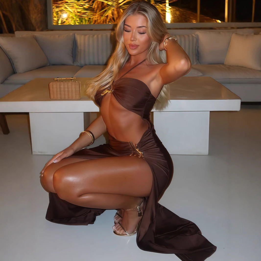 Elegant Langry brown satin halter cutout split dress with gold accents