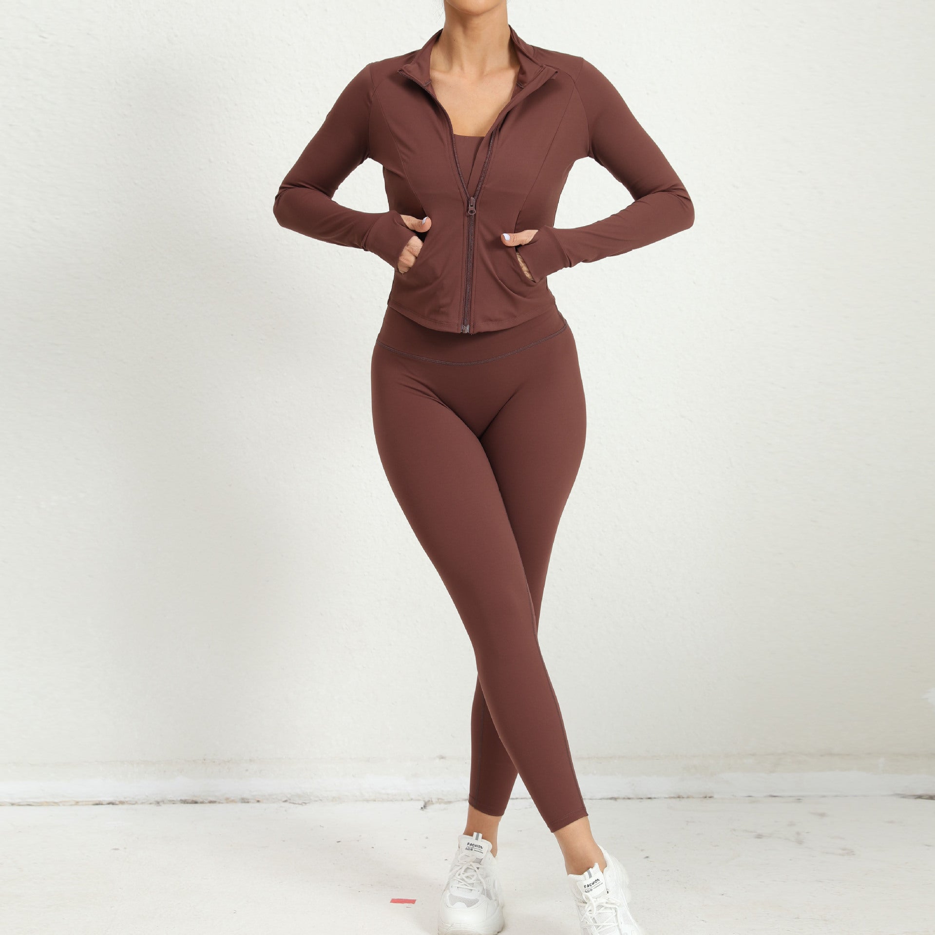 Winter Outdoors Sports Skinny Yoga Clothes Suit Nude Feel Fitness Shockproof High Waist Three Piece