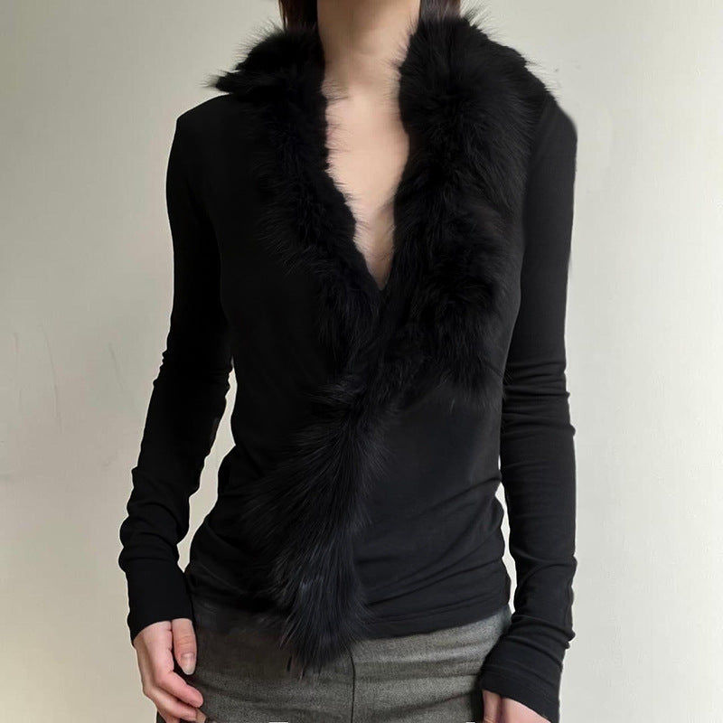 Elegant black long-sleeved top with fur trim, stylish fashion ملابس for women