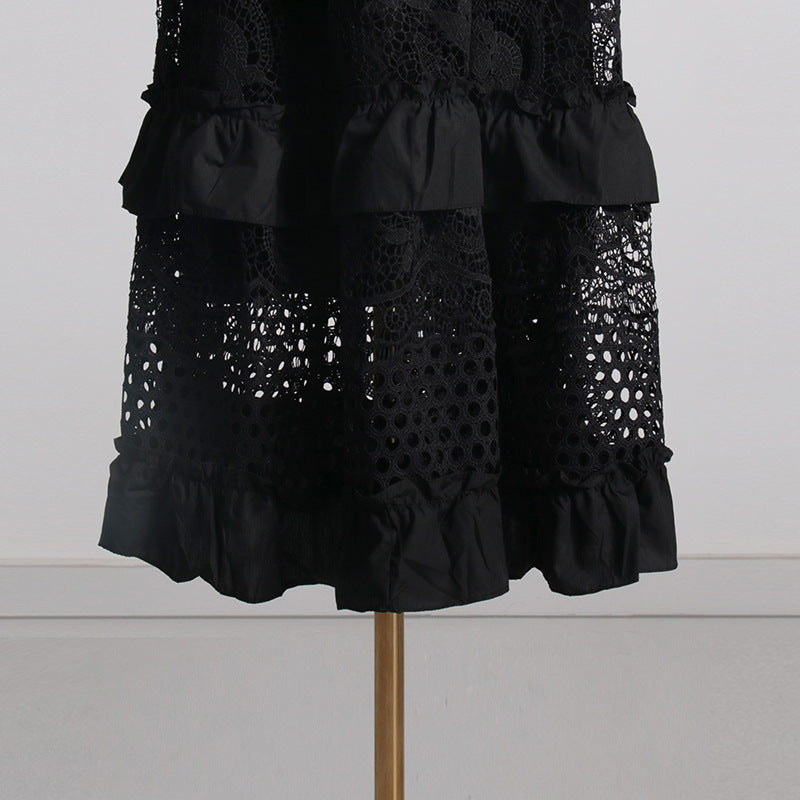 Black lace and ruffle off-shoulder dress showcasing elegant fashion and stunning ملابس