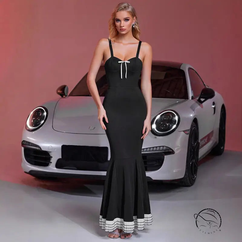 Elegant black mermaid langry fashion dress with white bow