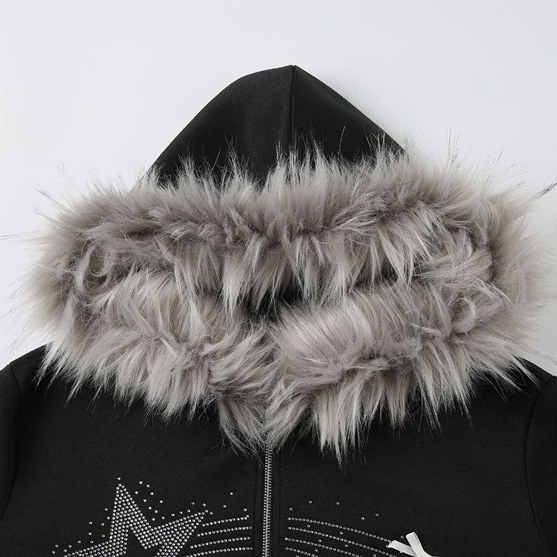 Black hoodie with grey faux fur trim and rhinestone star design for langry fashion and ملابس