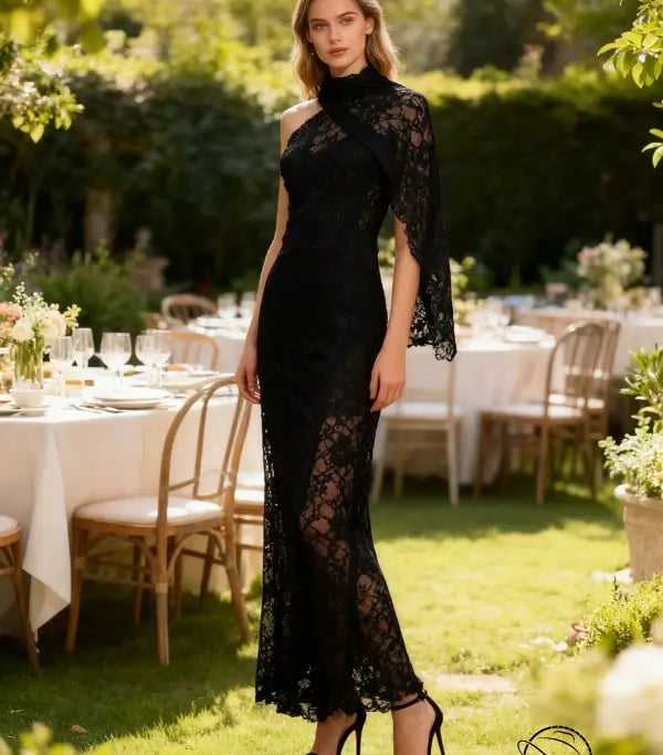 Elegant black lace evening gown with bell sleeves, high neckline, langry fashion dress