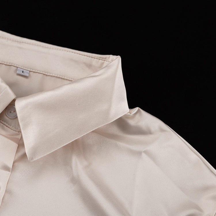 Stitching Bell Sleeve Polo Collar Top Loose Trousers Two Piece Sets