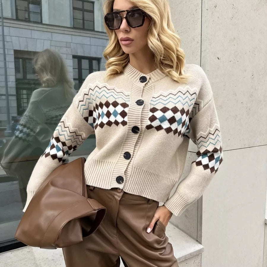 Beige patterned Jacquard Knitted Cardigan Sweater with regular sleeves in modern fashion style