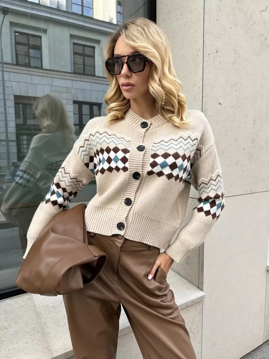 Beige patterned Jacquard Knitted Cardigan Sweater with regular sleeves in modern fashion style