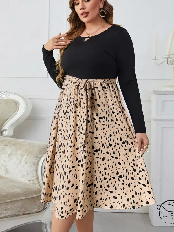 Polka dot printing loose dress in black and leopard print with belt