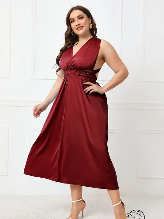 Elegant cross backless burgundy satin midi dress