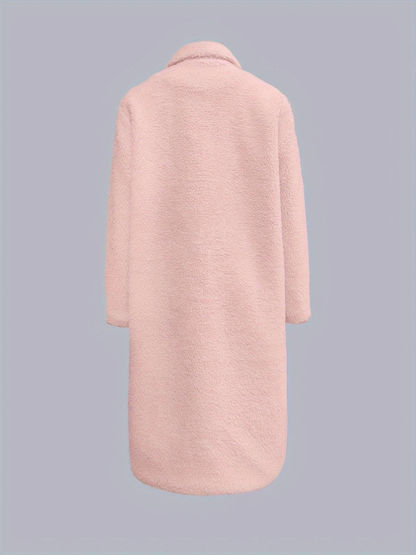 Pink long fuzzy coat from Fur Collared Plush Long Coat collection, stylish ملابس for fashion enthusiasts