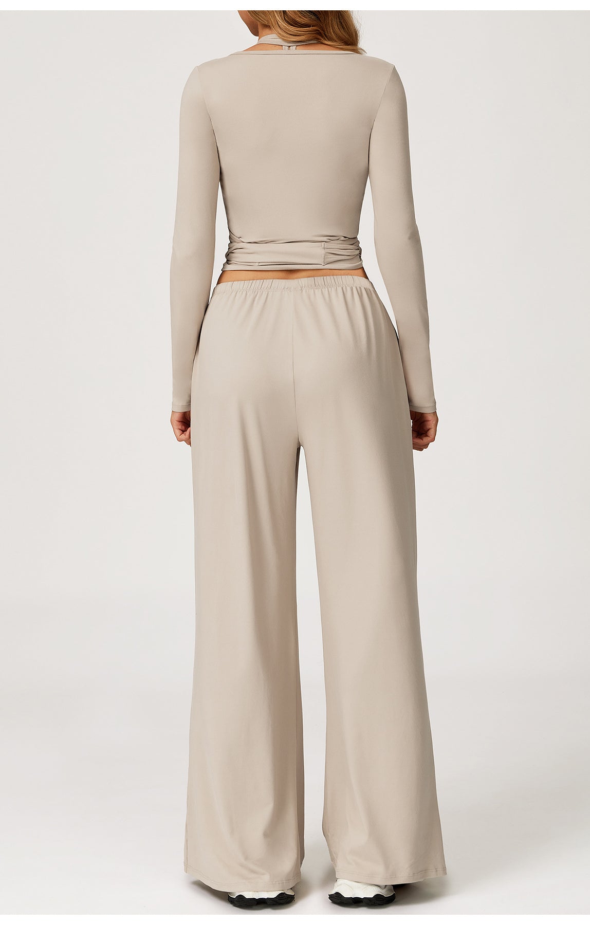 Langry beige wide-leg yoga jumpsuit with belt detail, fashion ملابس