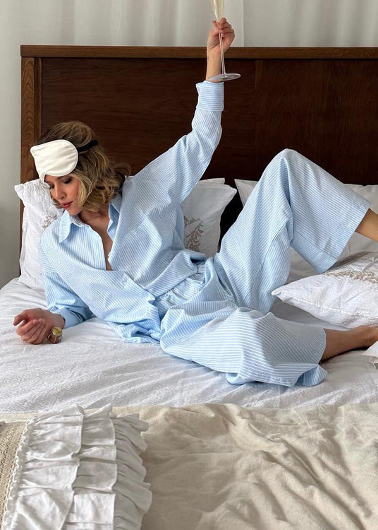 Light blue white striped langry fashion pajama set loose fit