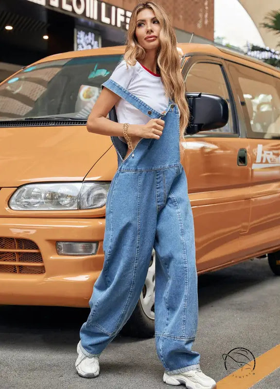 Casual denim jumpsuit with white t-shirt