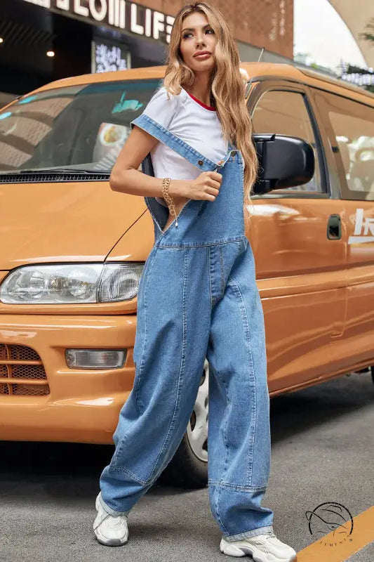Casual denim jumpsuit with white t-shirt