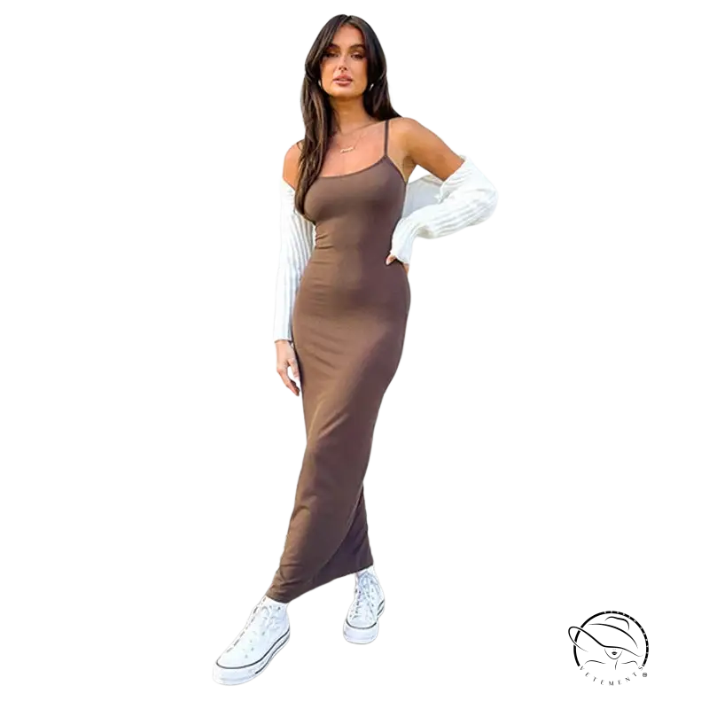 Sleek brown spaghetti strap summer comfort dress with smooth sheen