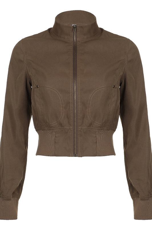 Langry olive green bomber fashion jacket with zipper pockets