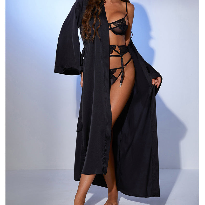 Elegant black lace lingerie set with satin robe, long-sleeved fashion design