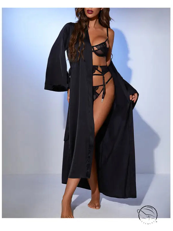 Black lace loose long tie satin nightgown with matching robe