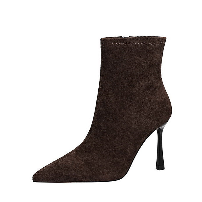 Elegant langry brown suede fashion ankle boot with pointed toe