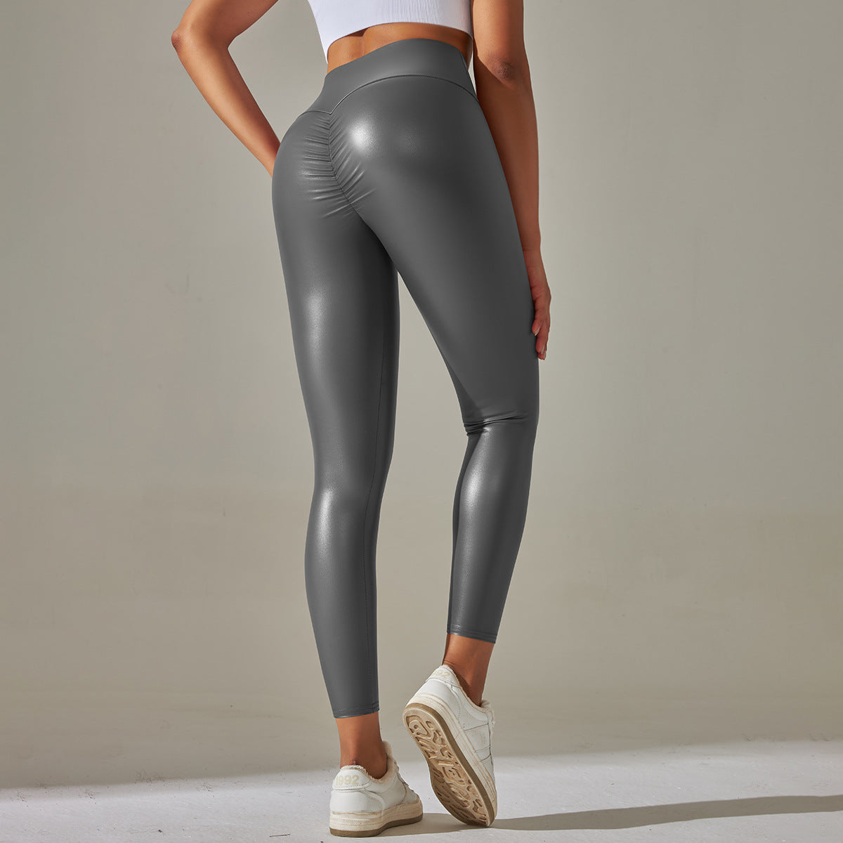 Gray faux leather leggings from Faux Leather Bright Leather Pants, ideal for trendy fashion looks