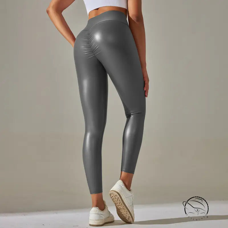 Gray faux leather leggings in Faux Leather Bright style