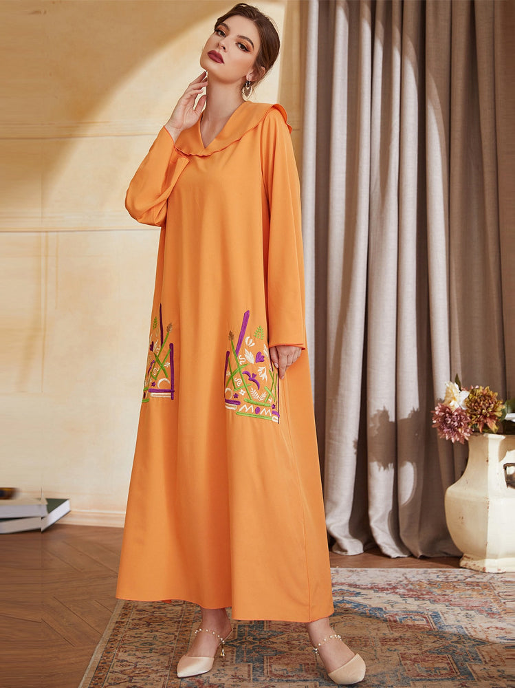 Orange floral embroidered abaya with hooded neckline in Langry fashion