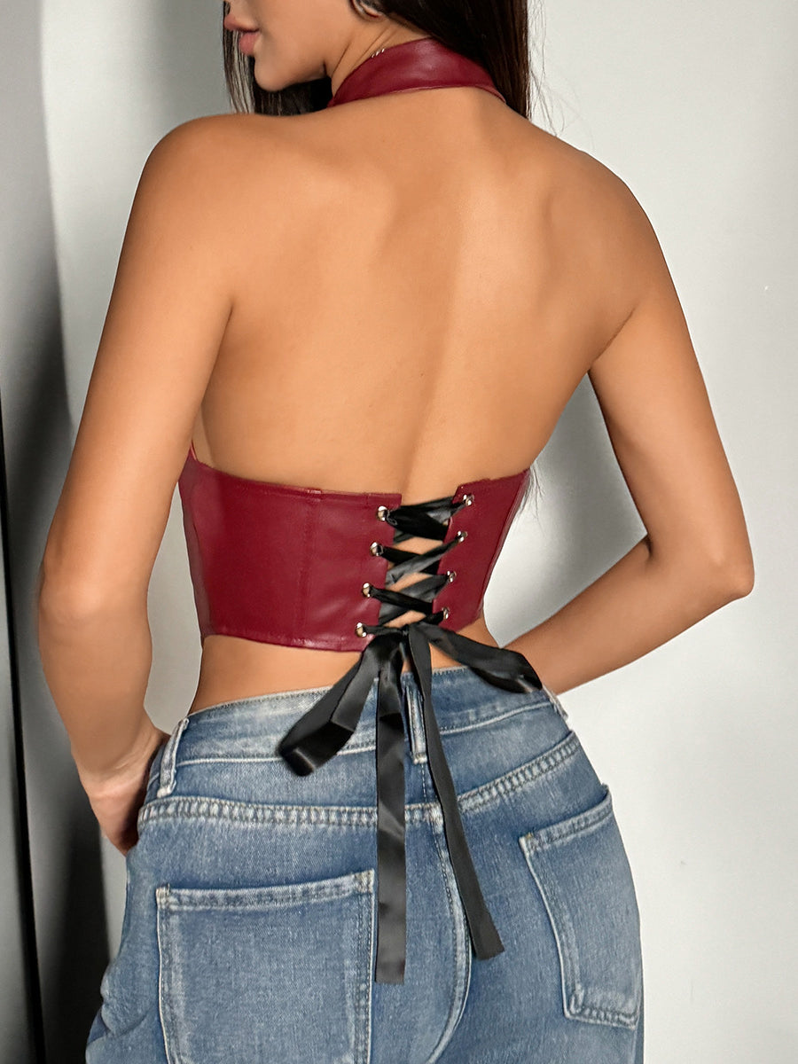 Burgundy faux leather halter corset top with black ribbon lacing for fashionable style