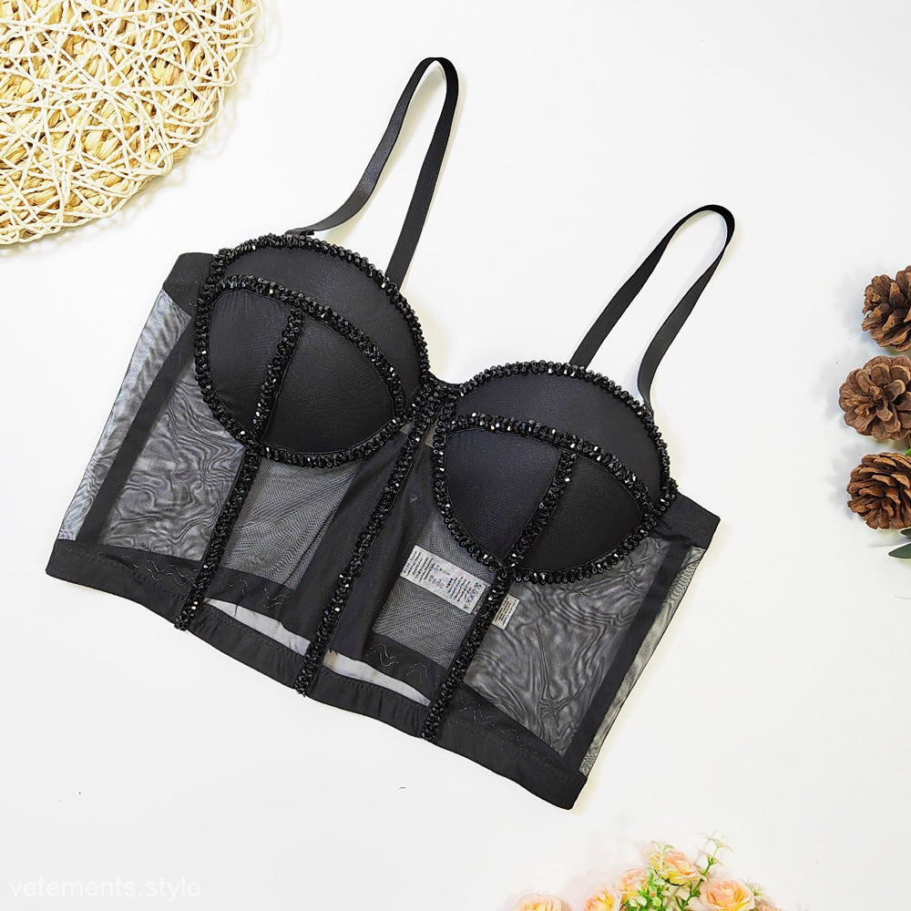 Elegant black mesh bustier bra with beaded trim, featured in CRYSTAL CORSET OUTER WEAR