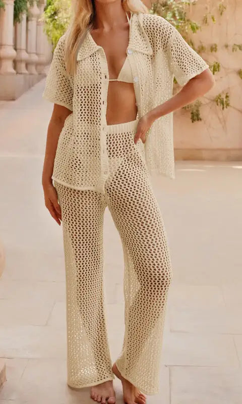 Cream-colored crochet beach loose shirt and casual trousers set