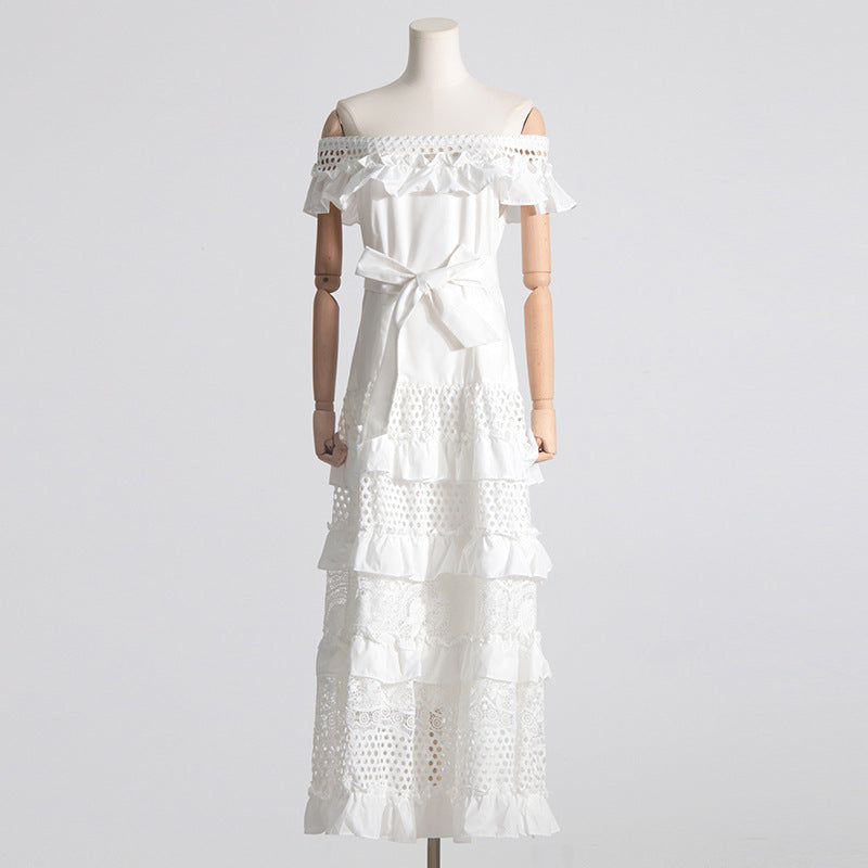 Elegant white off-the-shoulder lace fairy dress for women, perfect for fashion and ملابس occasions