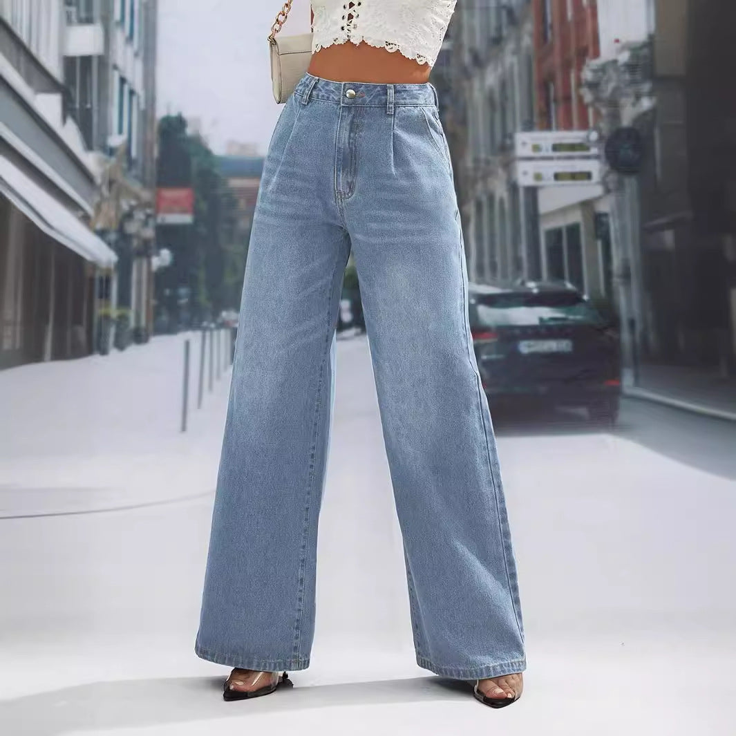 Light-wash high-waisted wide-leg denim trousers with pleats, stylish and flattering fit