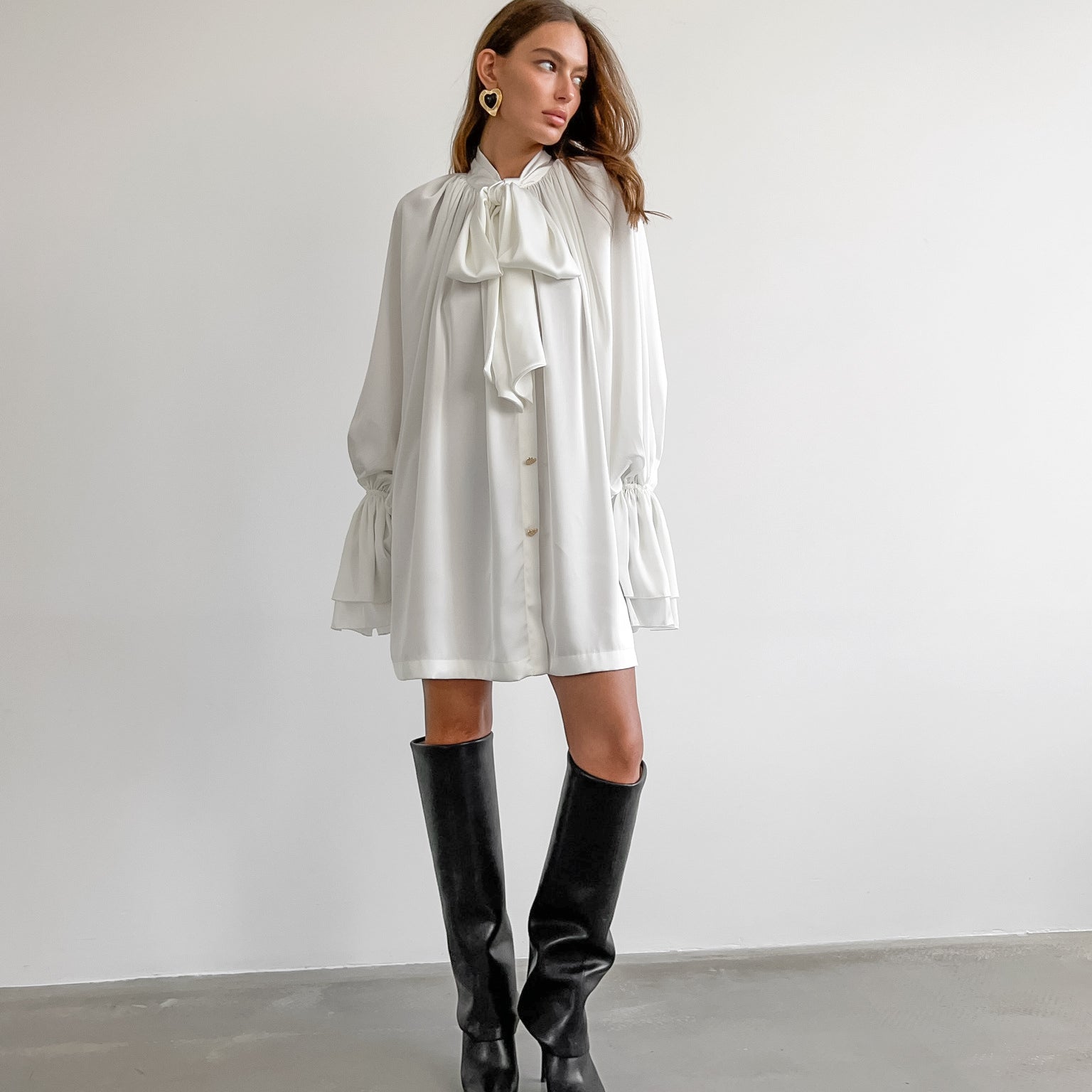 Elegant Thick Matte Satin Dress featuring a flowy mini design with ruffled collar and boots