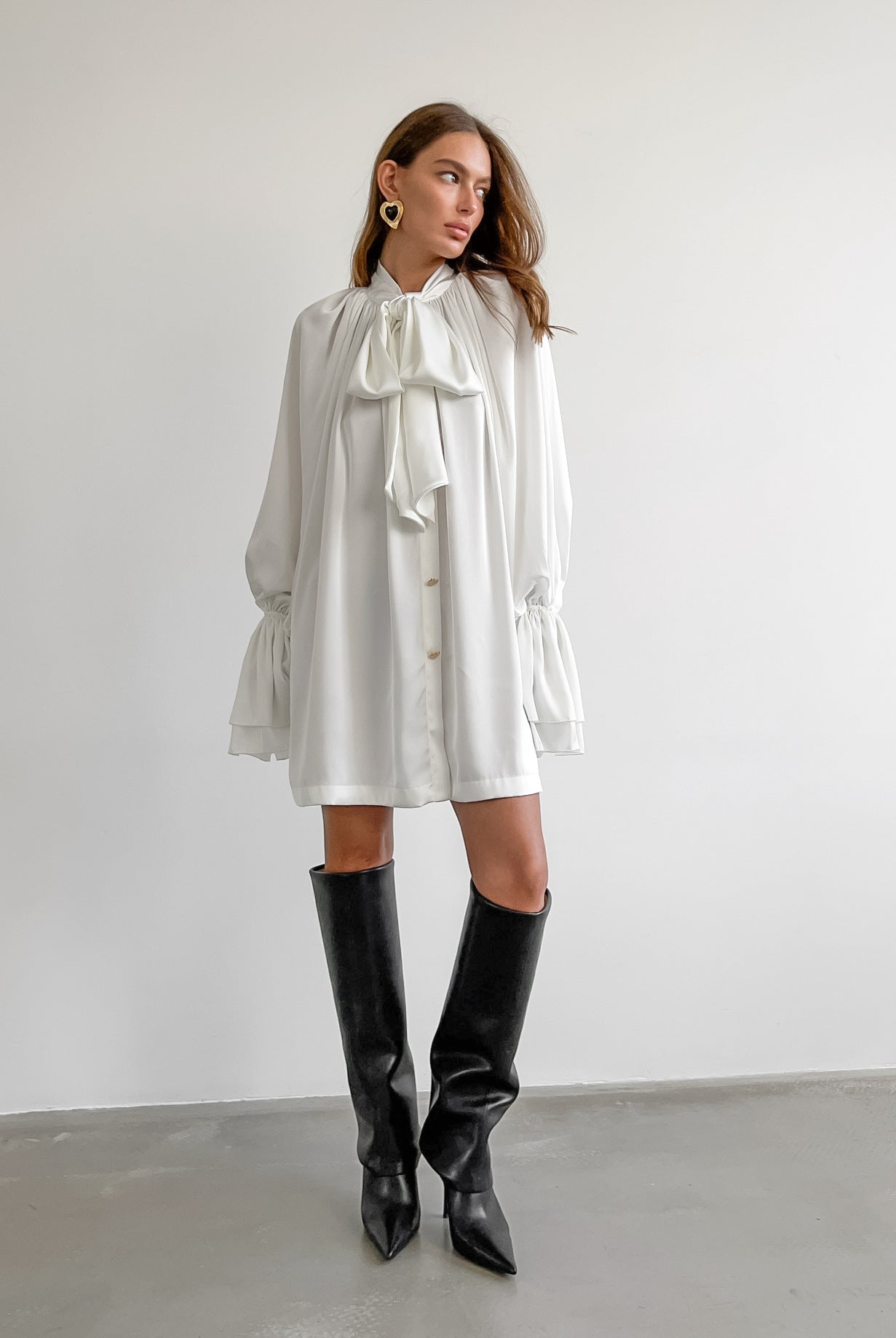 Elegant Thick Matte Satin Dress featuring a flowy mini design with ruffled collar and boots