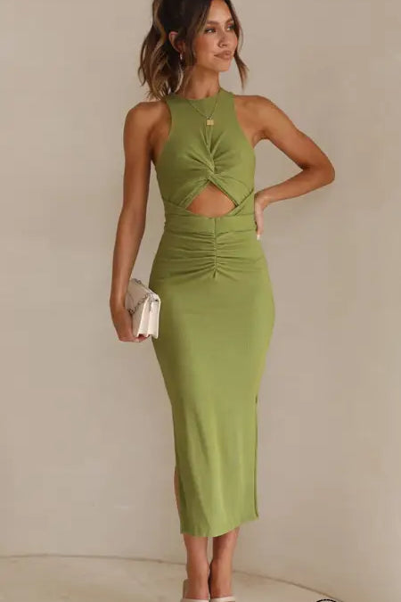 Stunning slim fit green langry fashion slit midi dress
