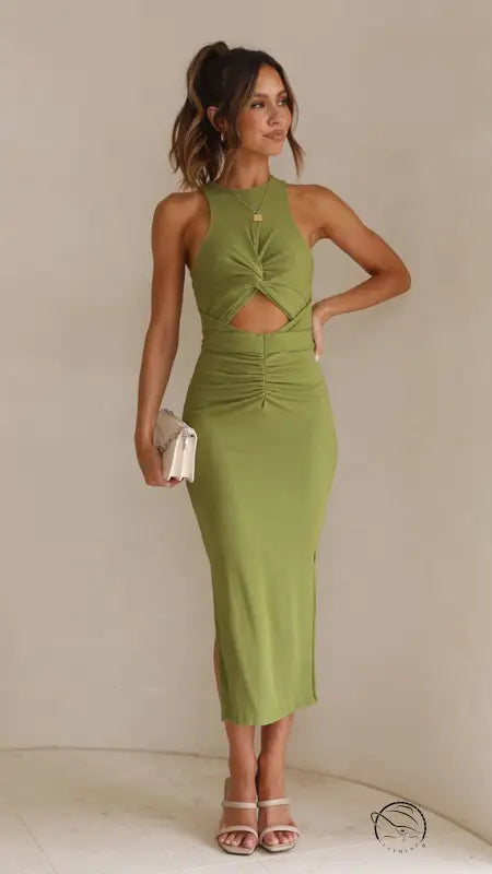 Stunning slim fit green langry fashion slit midi dress