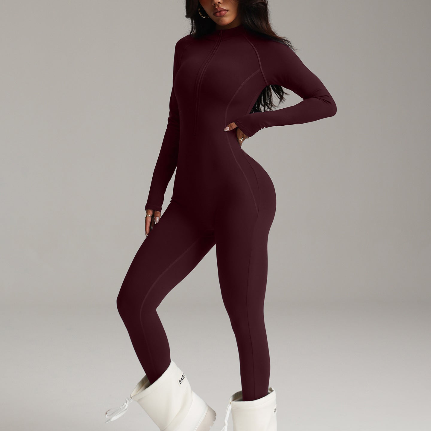 Burgundy stretchy langry fashion bodysuit with white chunky platform boots