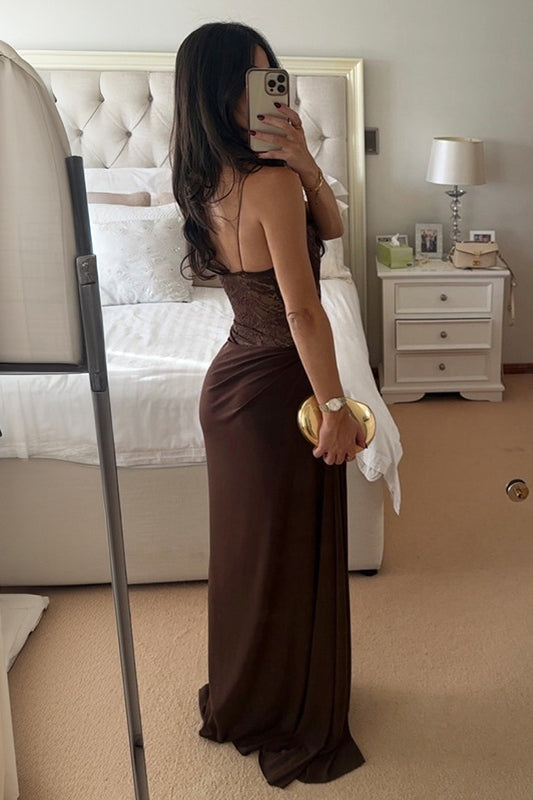 Enchanting strap lace dress in brown satin with plunging neckline and ruched bodice