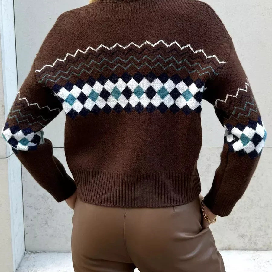 Brown patterned knit sweater with regular sleeves from the Langry Jacquard Knitted Cardigan collection