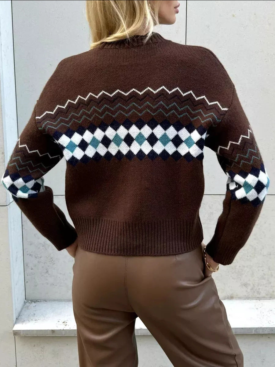 Brown patterned knit sweater with regular sleeves from the Langry Jacquard Knitted Cardigan collection