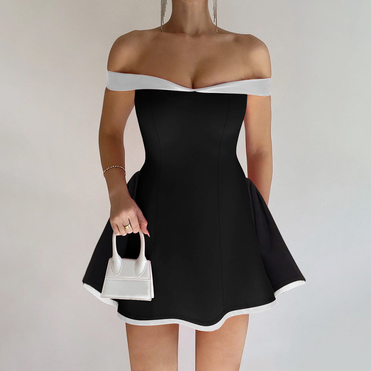 Black and white off-the-shoulder elegant slim sheath dress for stylish occasions