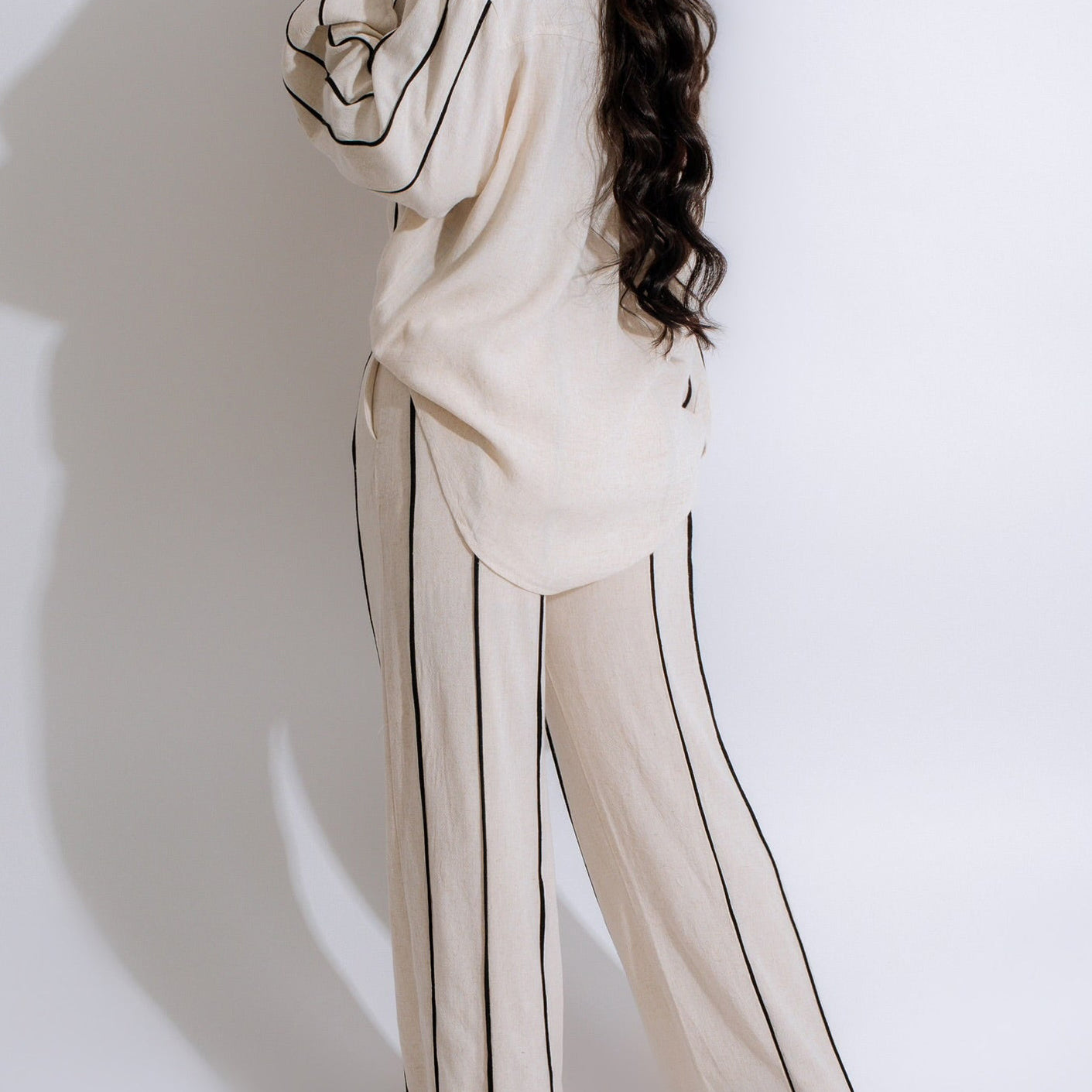 Langry fashion beige striped pants with black piping in Enchanting Linen Shirt Two Piece Set
