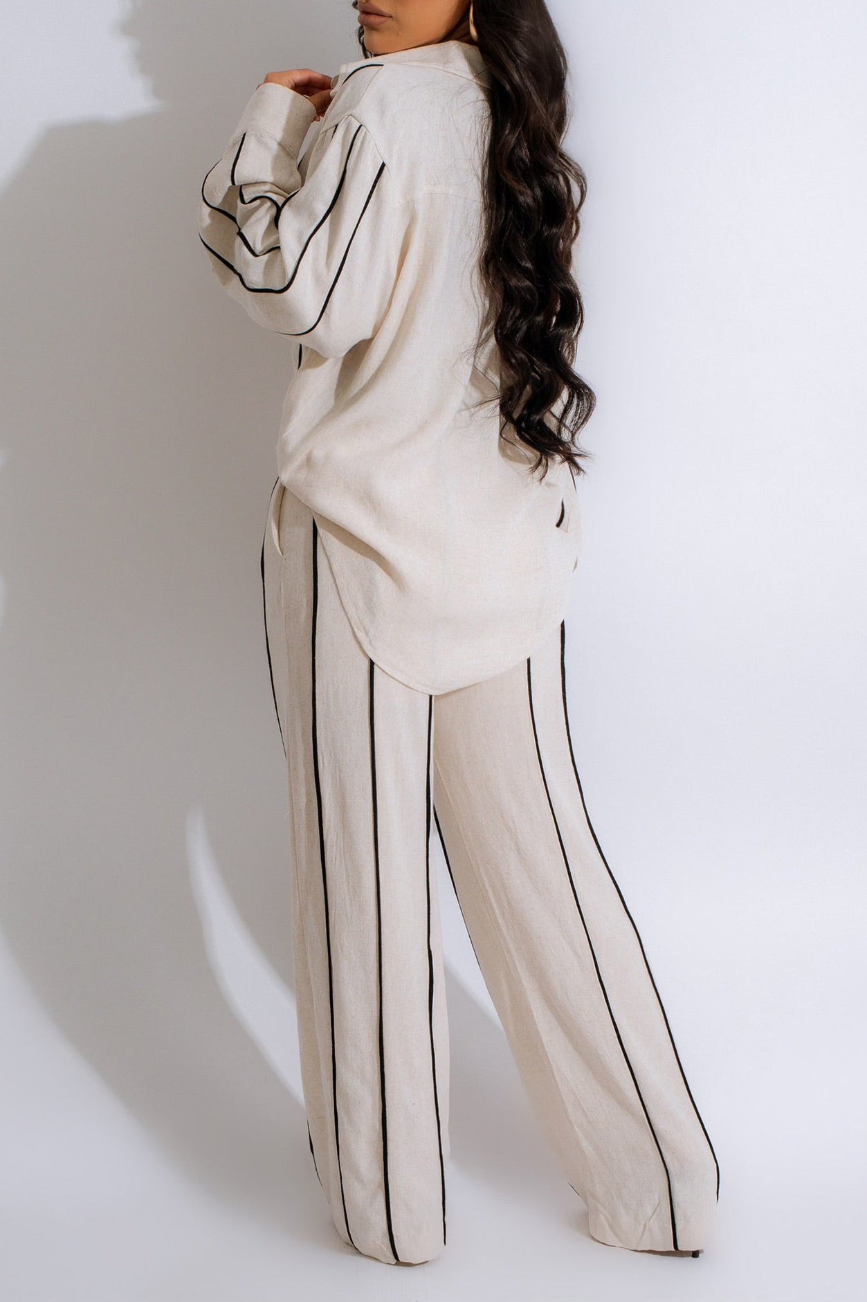 Langry fashion beige striped pants with black piping in Enchanting Linen Shirt Two Piece Set