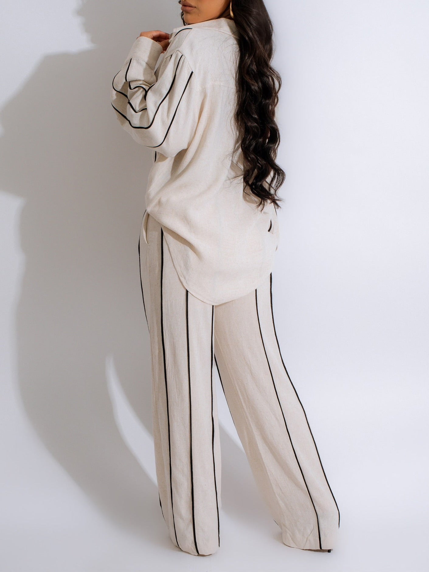 Langry fashion beige striped pants with black piping in Enchanting Linen Shirt Two Piece Set