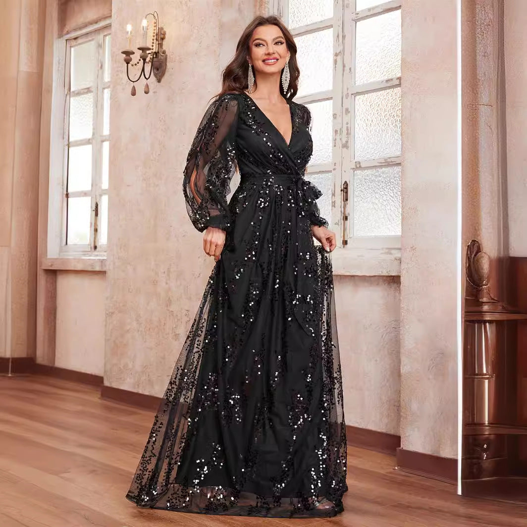 Black sequined long sleeve evening dress with sheer puff sleeves for ladies elegant prom