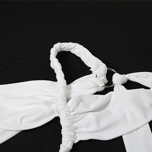 White halter top with metal ring from Summer Backless Slit Stitching Strap Irregular Dress Women featuring langry fashion and ملابس style